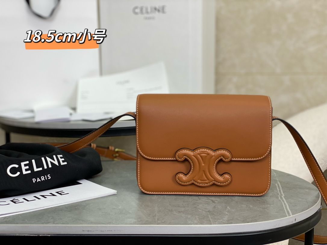 [TOP] CELINE Triomphe Bag Box Leather 18.5x14x6cm - Brown - 711 Luxury