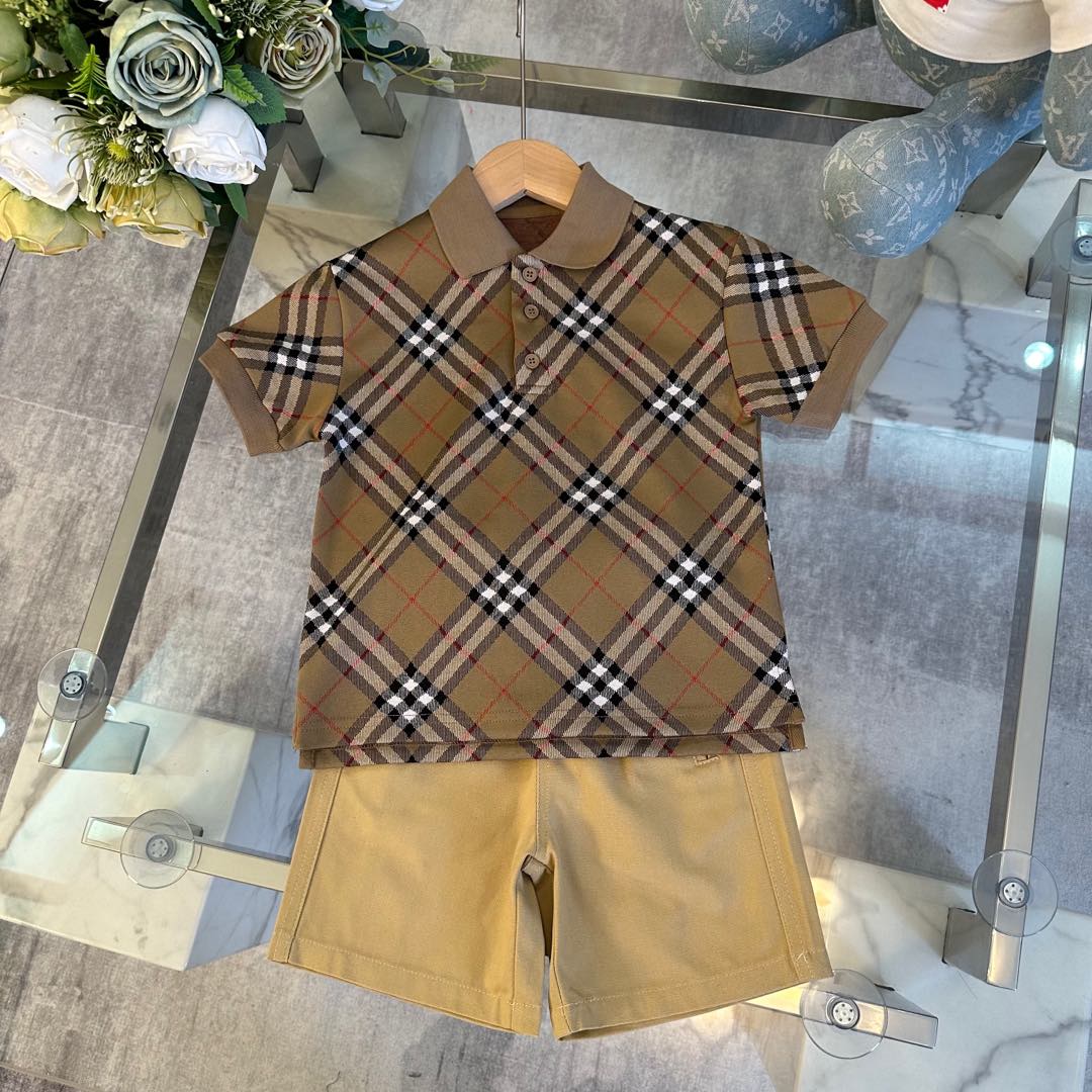 Burberry Boys Vintage Check Polo Short Sleeve & Solid Khaki Elastic Waist Shorts Two Piece Set Kids Sizes 100-150