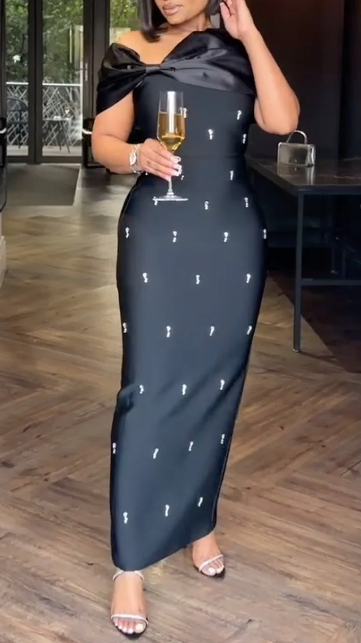 Women's Off-shoulder Beaded Dress with Bow