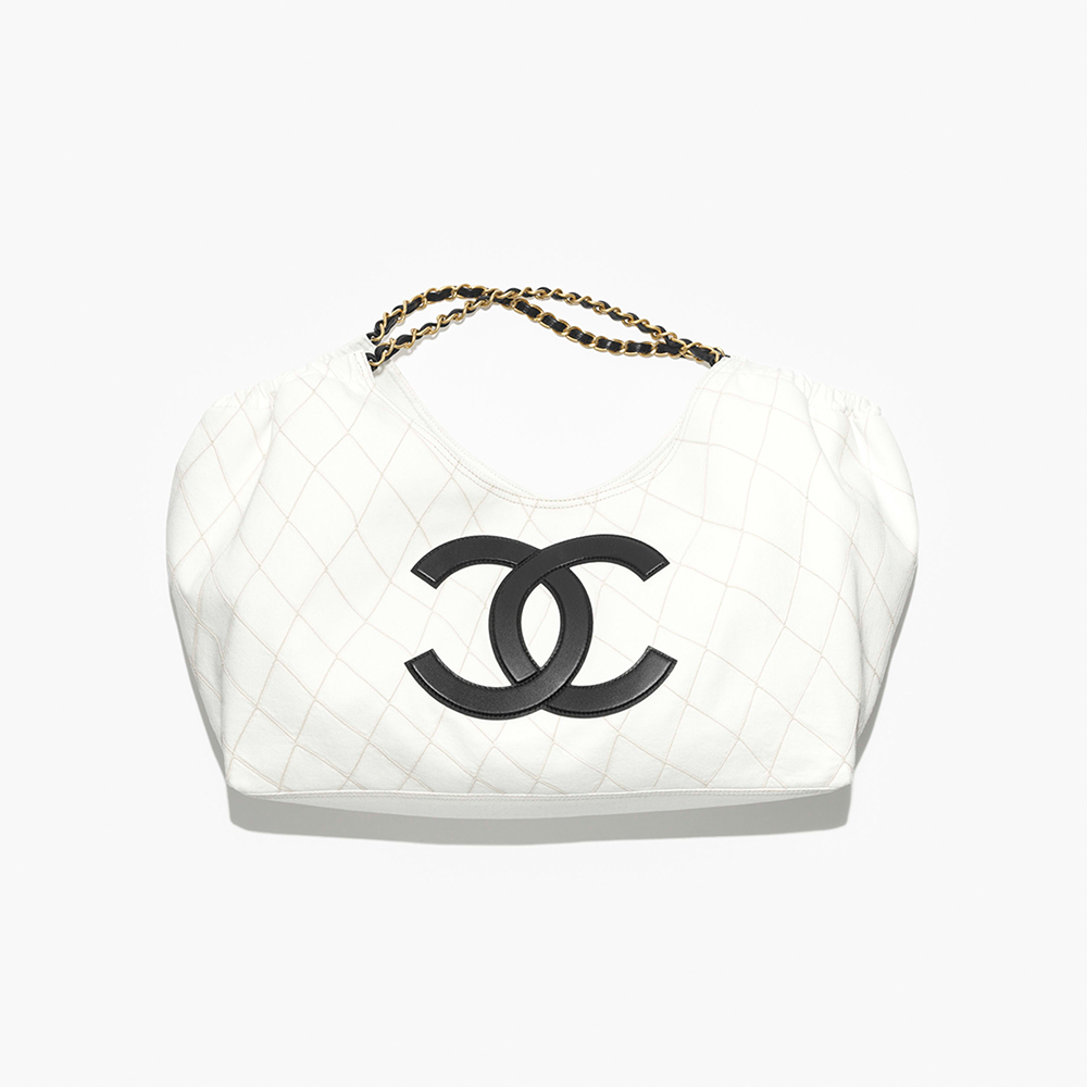 CHANEL Small Shopping Bag Denim Calfskin Gold-tone Metal White Black #383487 #385587