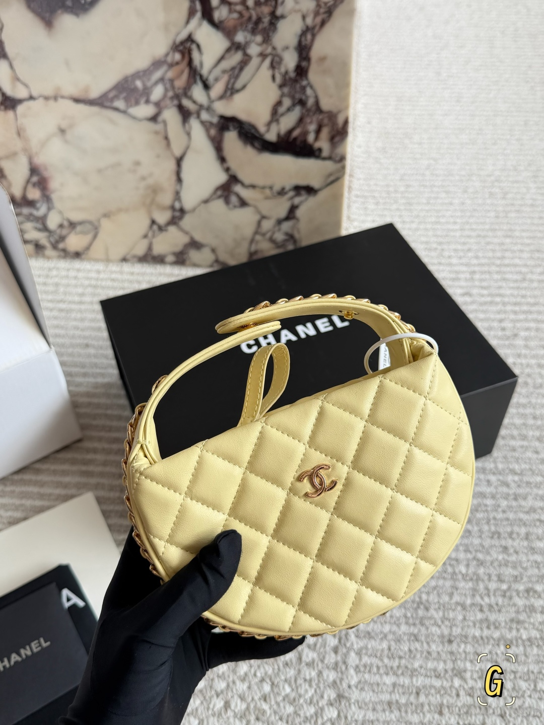 Chanel 23c Hula Hoop Black Gold Top Handle Bag with Quilted Design and Metal Chain (Replica)