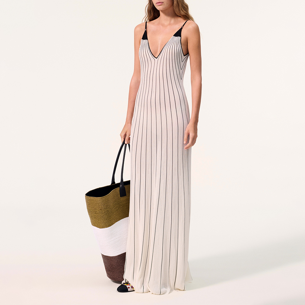Chanel black Clothing CHANEL Long Dress Mixed Fibers White Black #395171 | Nigo Office
