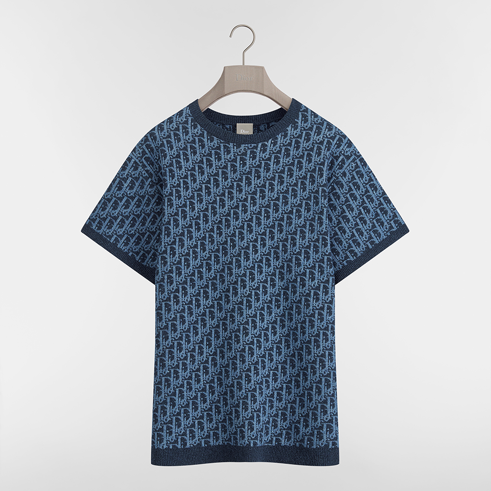 DIOR Dioriviera Dior Oblique T-Shirt Regular Fit Blue Cotton-Blend Knit #384381