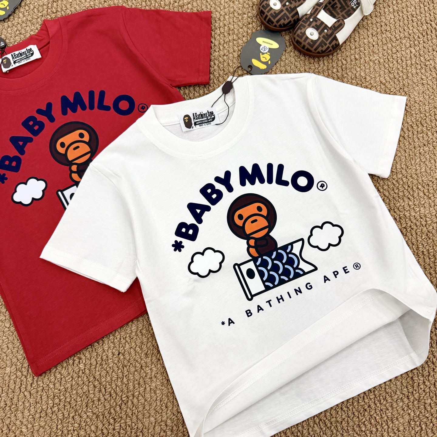 Bape A Bathing Ape Unisex Kids Baby Milo Fish Kite Graphic Crew Neck Cotton Short Sleeve T-Shirt Boys Girls Sizes 90-150