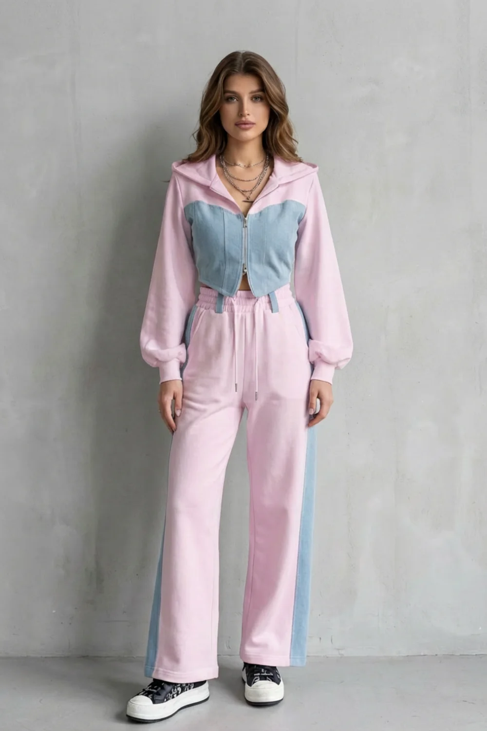 Arlo – Denim Splice – Two-Piece Hoodie & Sweatpant Set