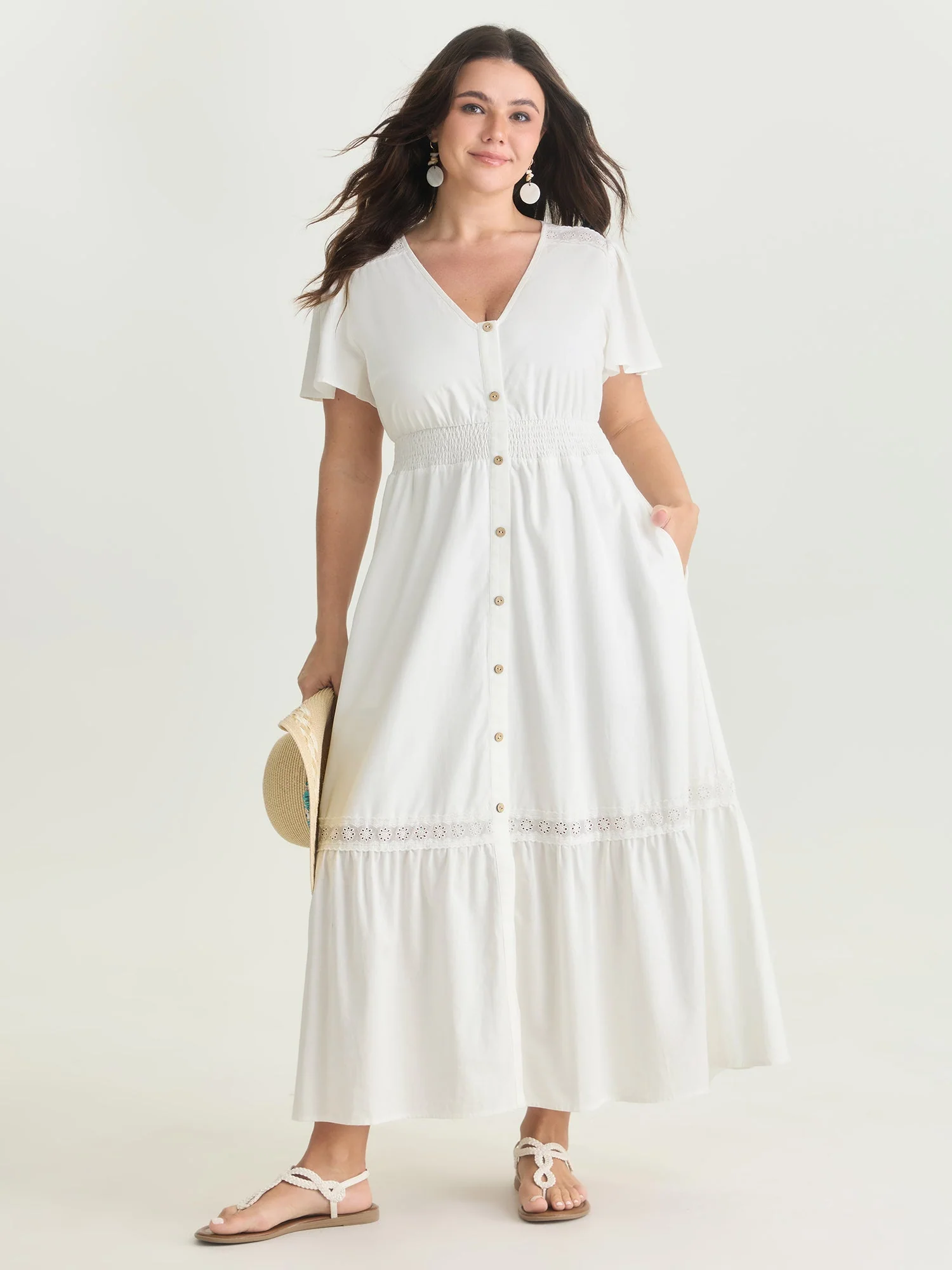 Shirred Waist Tiered V-Neck Maxi Dress
