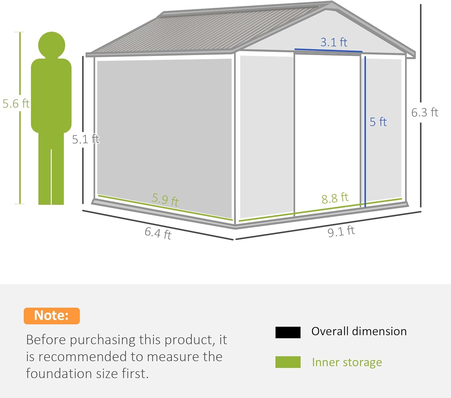 Outsunny 9 x 6ft Garden Metal Storage Shed, Outdoor Storage Tool House with Ventilation Slots, Floor Foundation and Lockable Double Doors