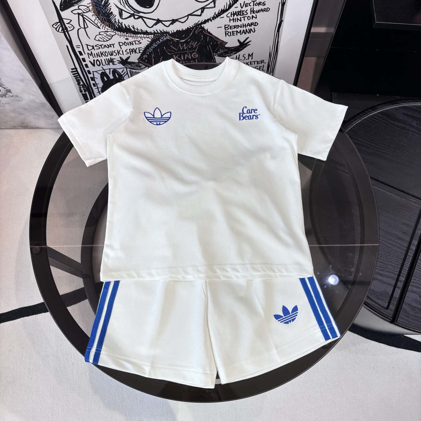 Adidas Unisex Kids 3 Stripe Elastic Waist Athletic Shorts Matching Cartoon Print T-Shirt Two Piece Set Boys Girls Sizes 90-160