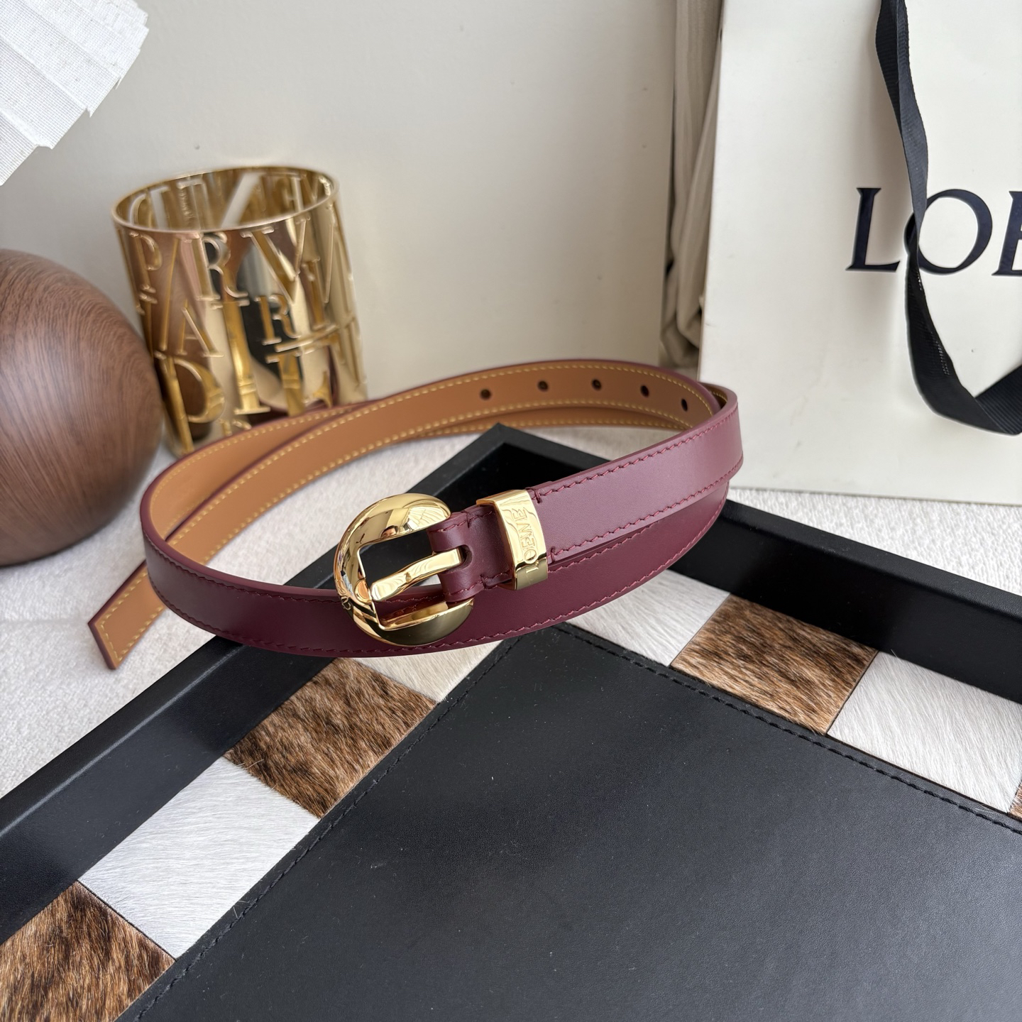 [TOP] LOEWE Pebble Leather Belt 2cm - Wine Red - 711 Luxury