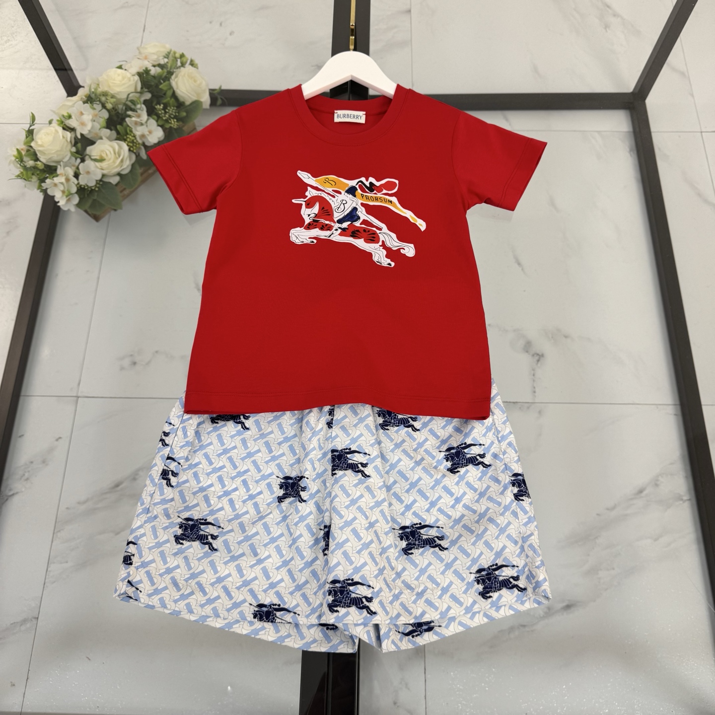 Burberry Girls Pink Cartoon Bear Print Short Sleeve T-Shirt & Vintage Plaid Elastic Waist Pleated Skirt Two Piece Set Kids Sizes 100-160