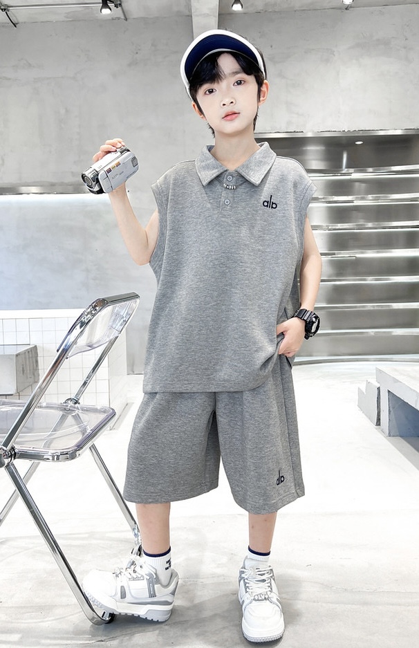 Alo Kids Sleeveless Polo Vest & Elastic Waist Shorts Matching Set For Boys Korean Loose Outfit Sizes 120-170