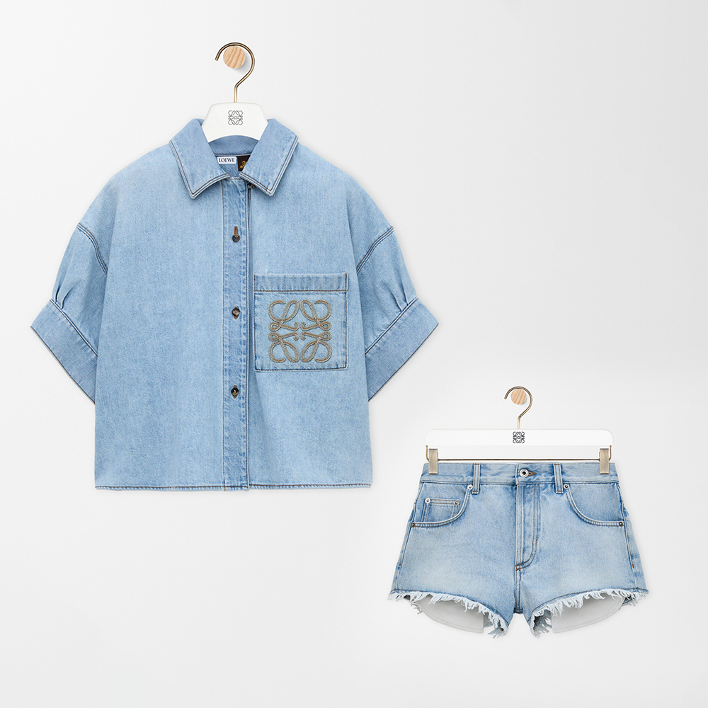LOEWE  Short Sleeve Shirt in Denim Blue White and Shorts #382352