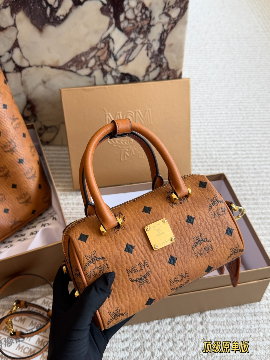 MCM Mini Nano Cognac Leather Pillow Bag with Gold-tone Hardware (Replica)