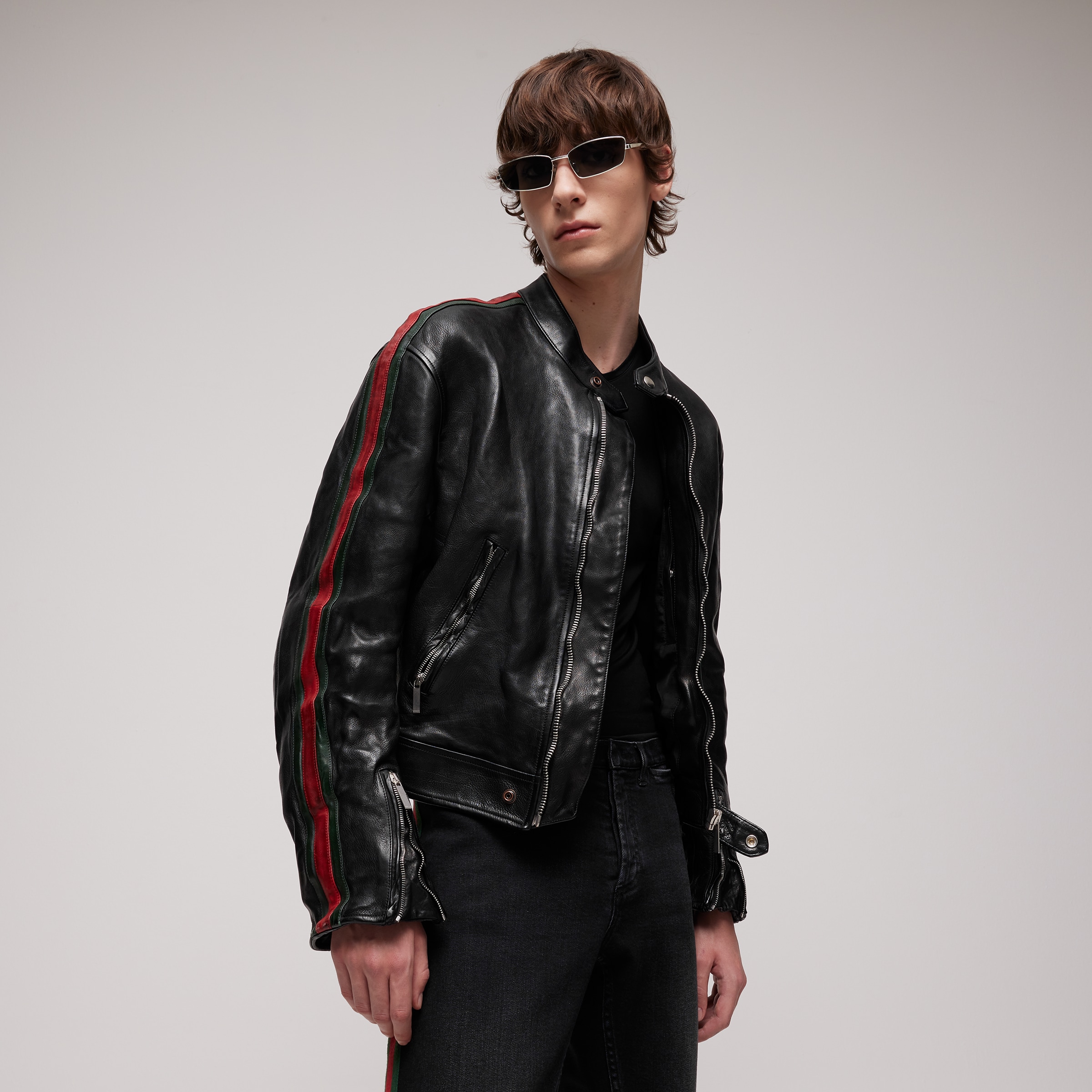 GUCCI Buffalo Leather Biker Jacket With Web in Black #396953