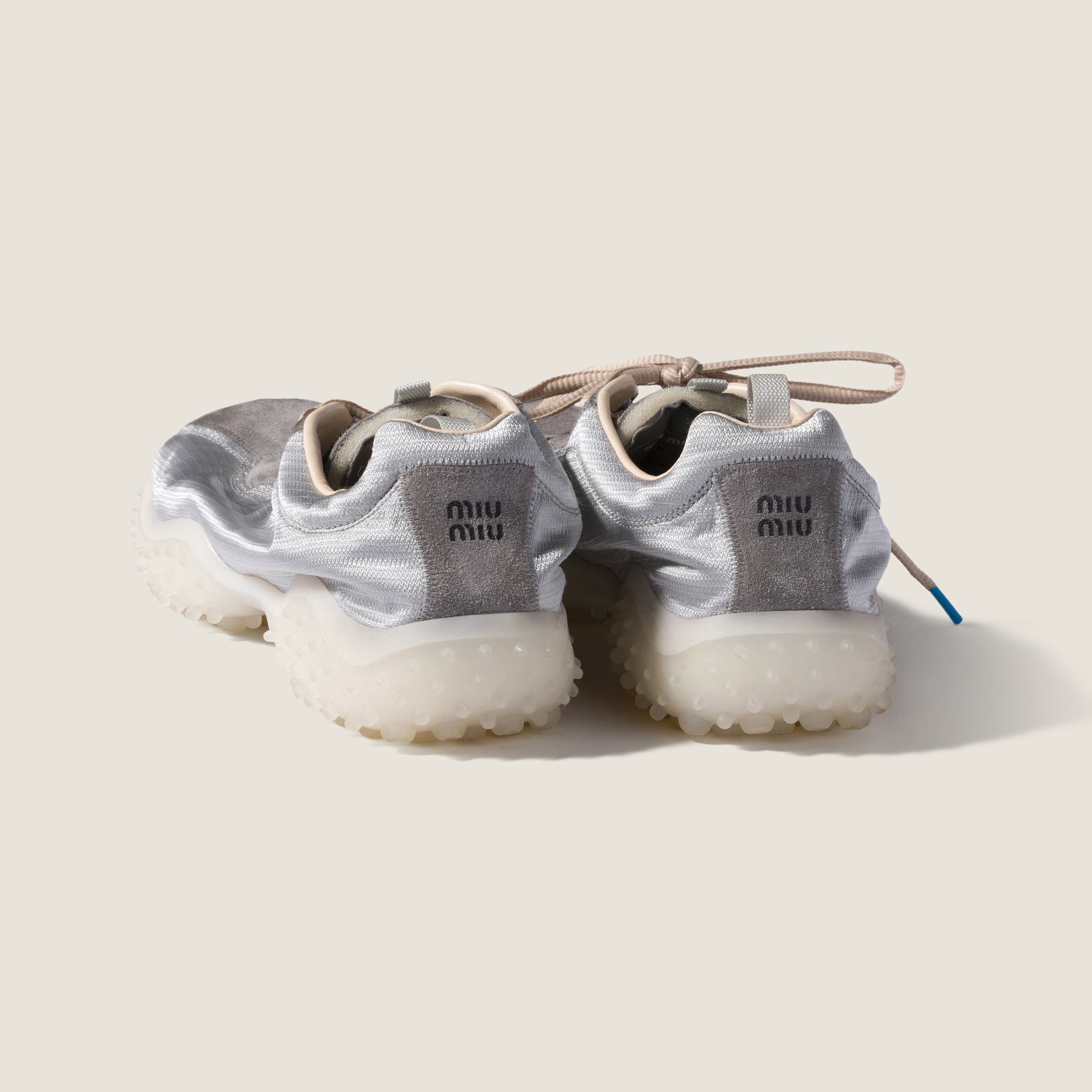 Designer gray Shoes MiuMiu Cloudy Gray Bubble Technical Fabric And Suede Sneakers #395010 View 2 | Nigo Office