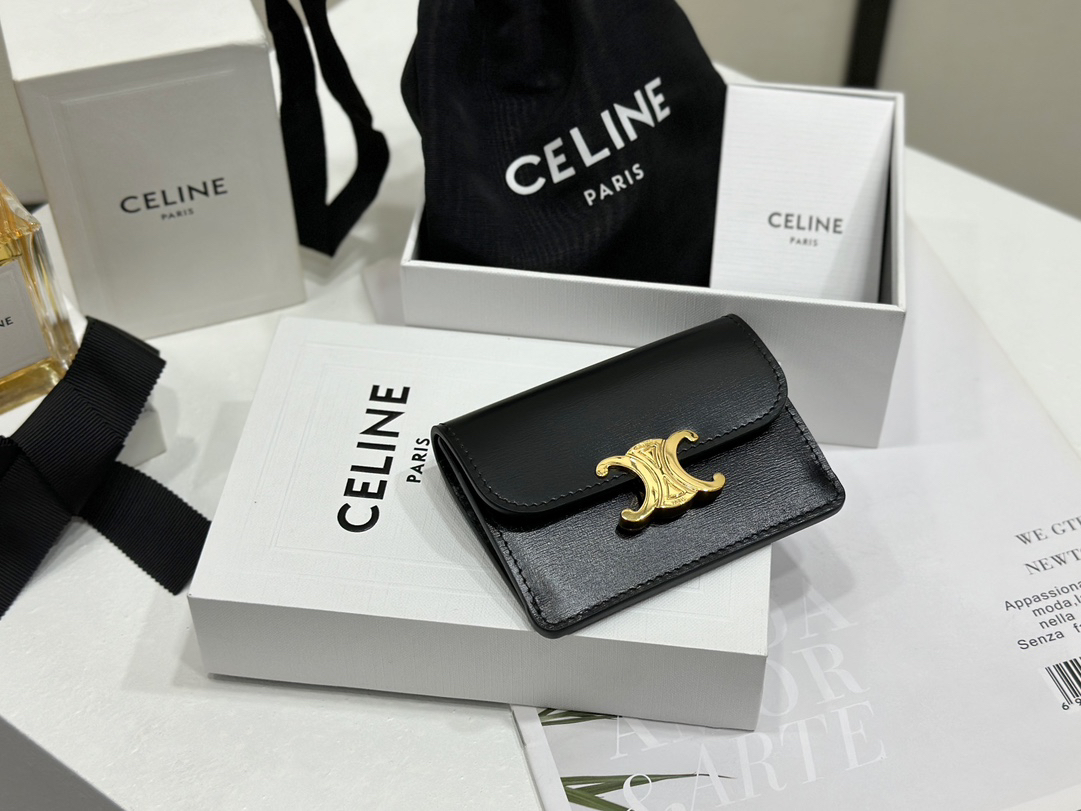 [TOP] CELINE Triomphe Card Holder Cowhide 10x7.5x2cm - Black - 711 Luxury