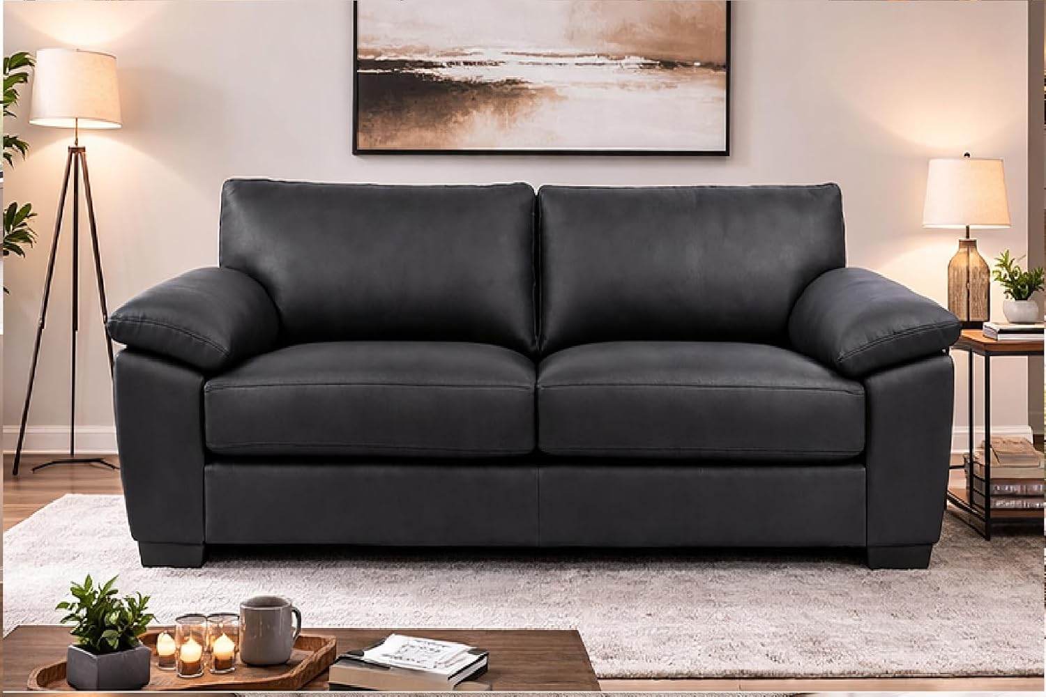 SOFA SCENE Amalfi Style 3+2 Seater Sofa Set, Oakland Fabric, Black,/Brown Contemporary Living Room Furniture (MIDNIGHT BLACK, 3 SEATER)