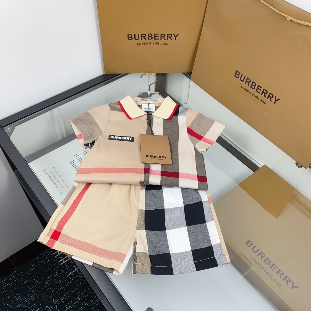 Burberry Unisex Kids Vintage Color Block Check Polo Shirt & Matching Shorts 2 Piece Toddler Summer Set Boys Girls Sizes 80-130