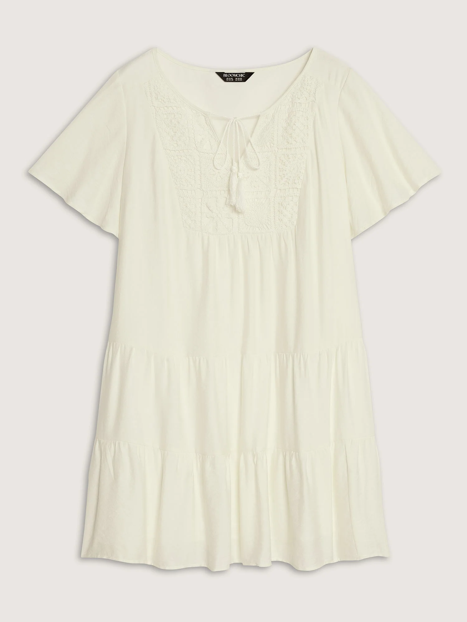 Lace Drawstring Neckline Tiered Mini Dress