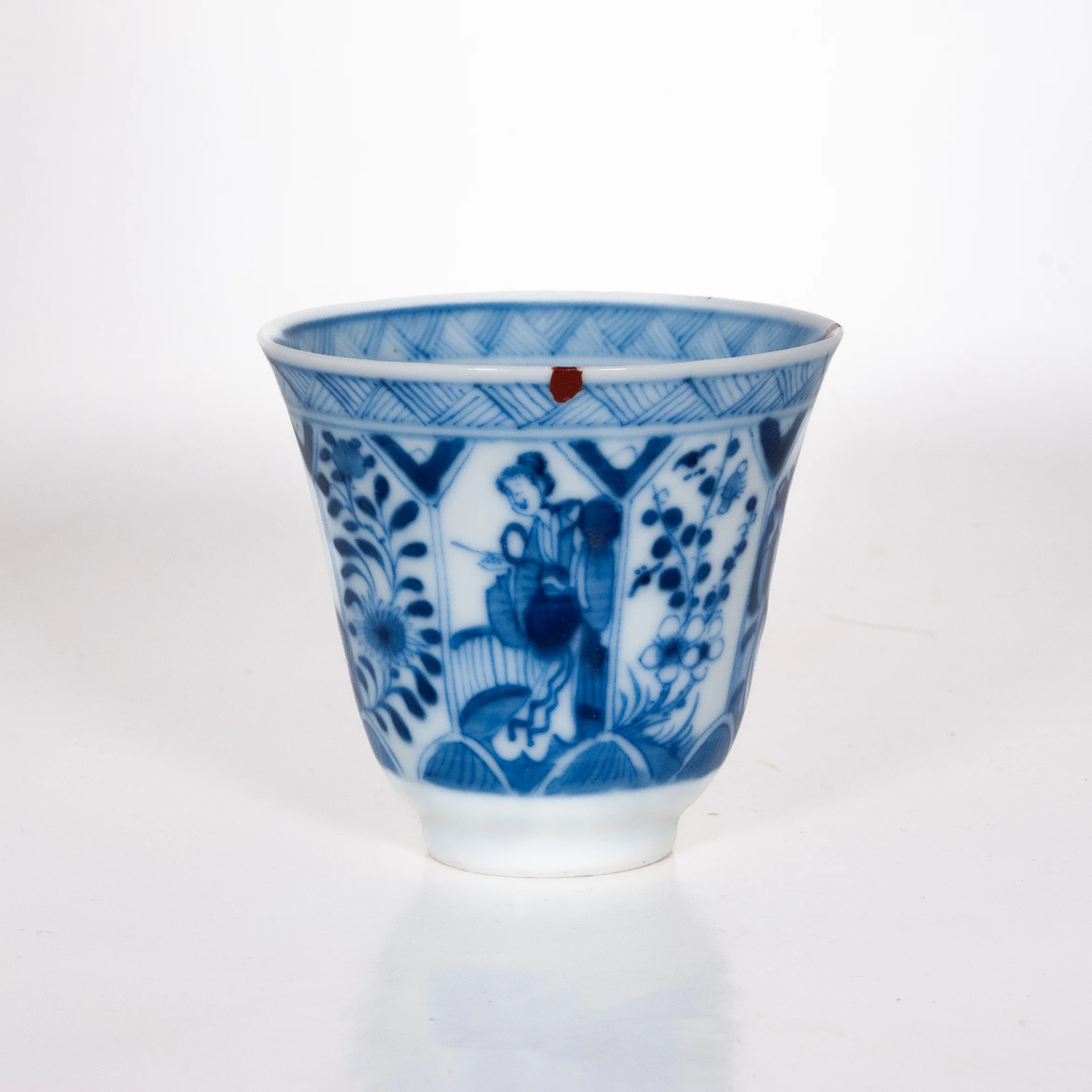 Antique Qing Dynasty Repaired Porcelain Tall Blue And White Maidens and Floral Motifs Tea Cup
