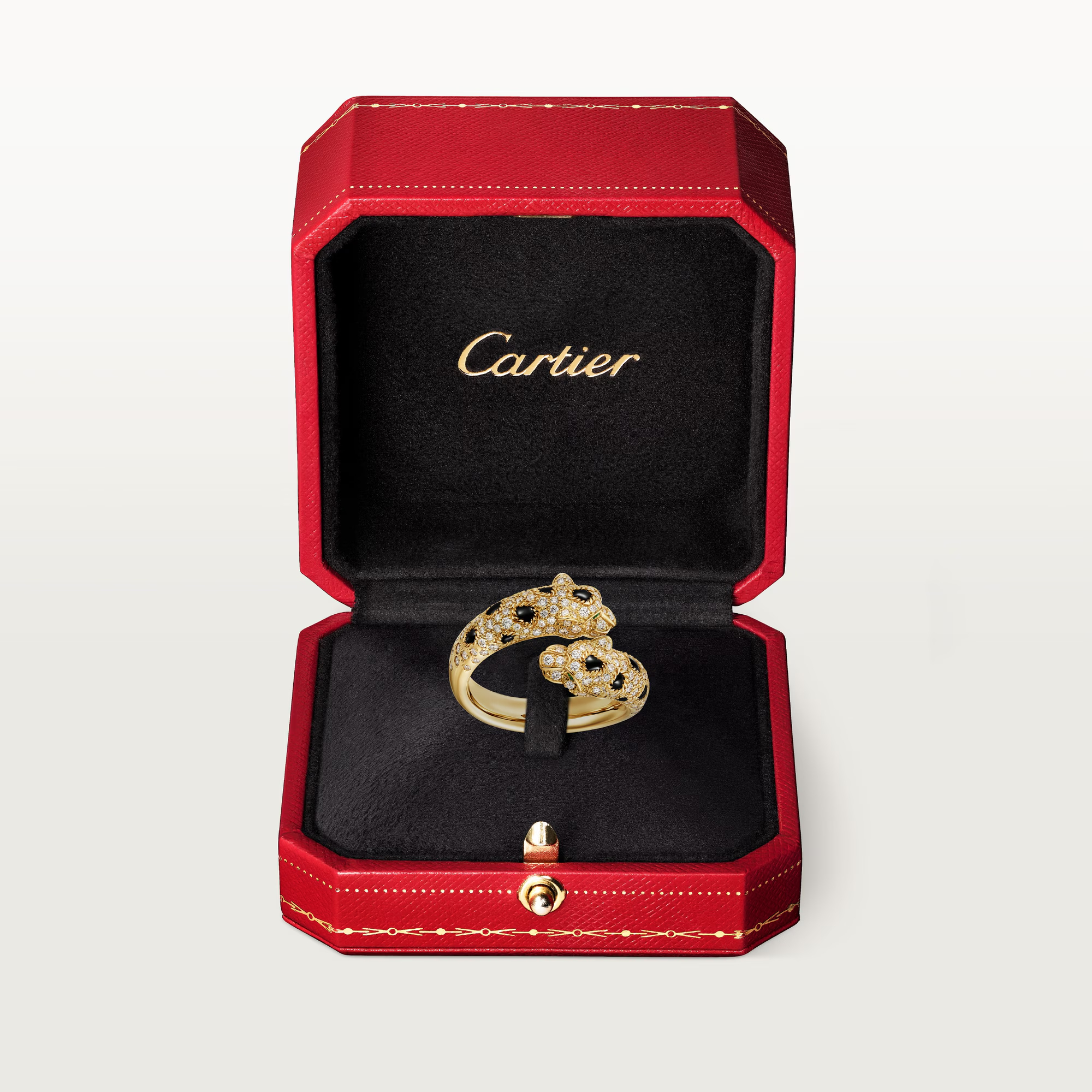 Carty Panther Motif Ring, Yellow Gold, Double Head ,Semi-Paved