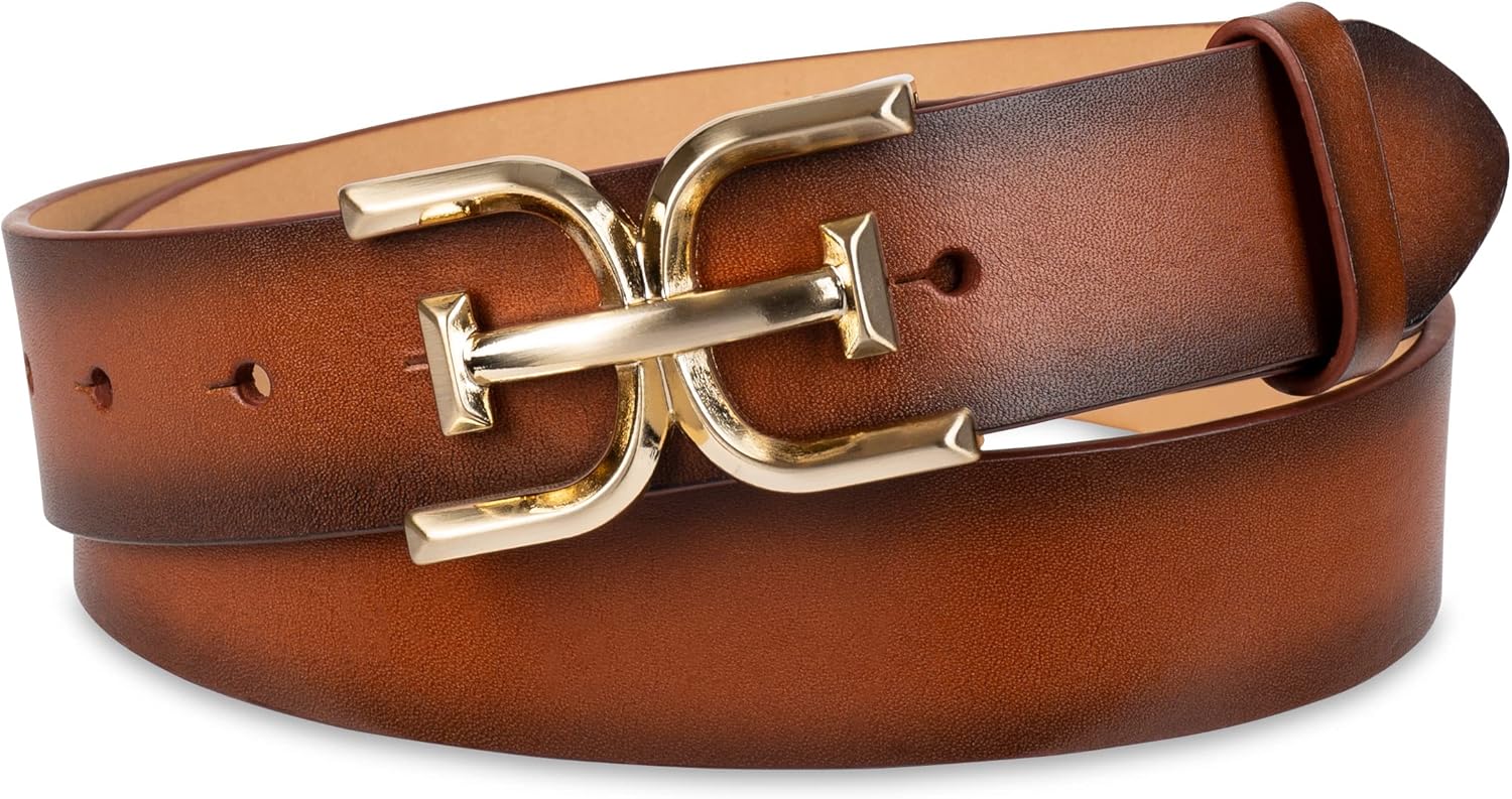 Sam Edelman Women's Casual Double-E Logo Plaque Buckle Leather Belt for Jeans and Trousers