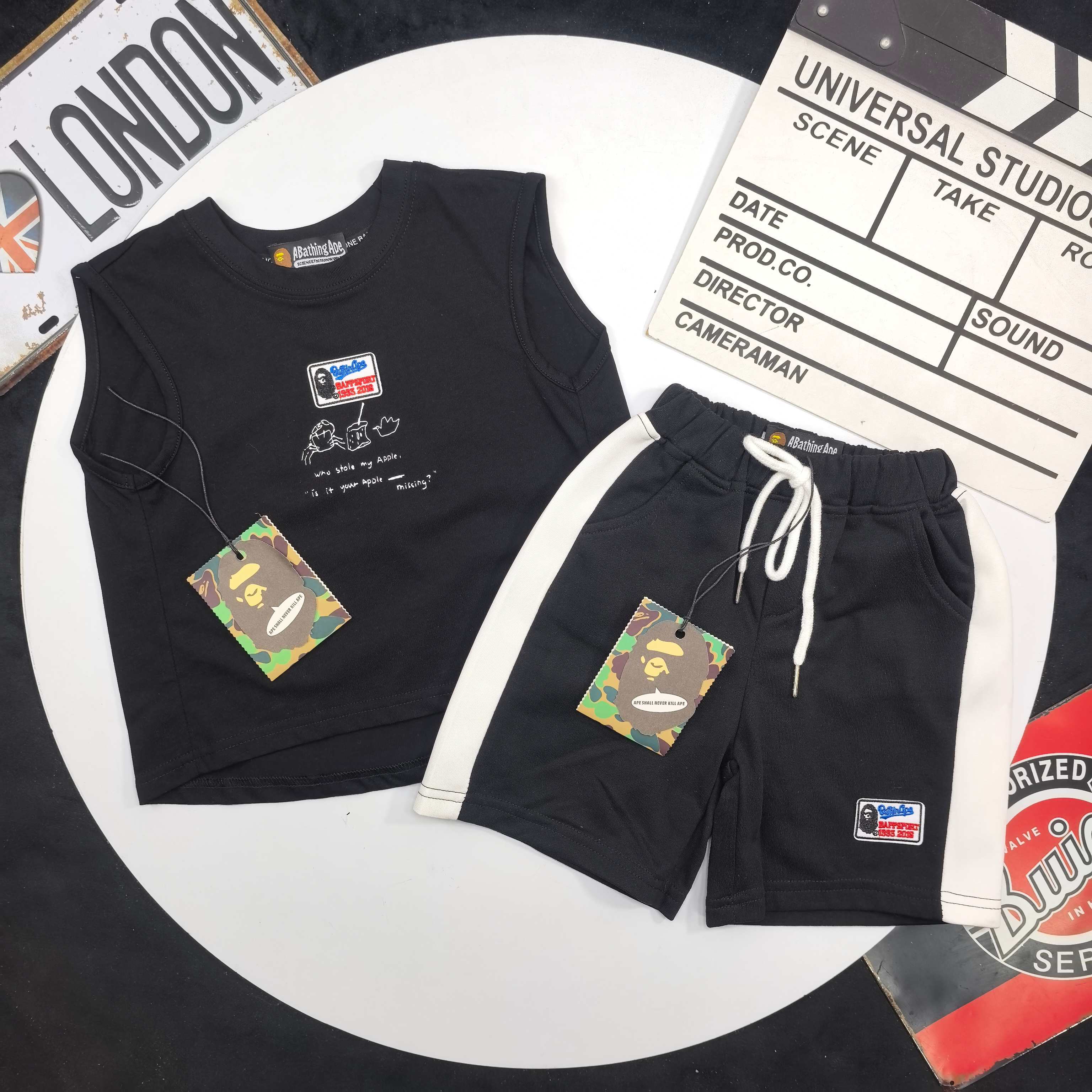 Bape Unisex Kids Black Cartoon Print Sleeveless Tank Top & White Side Stripe Sweat Shorts Set Boys Girls Sizes 90-150