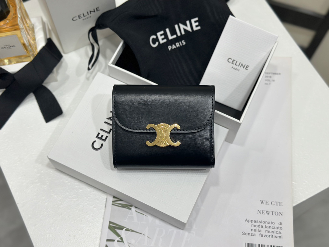 [TOP] CELINE Triomphe Wallet Cowhide 10.5x8.5x4cm - Black - 711 Luxury