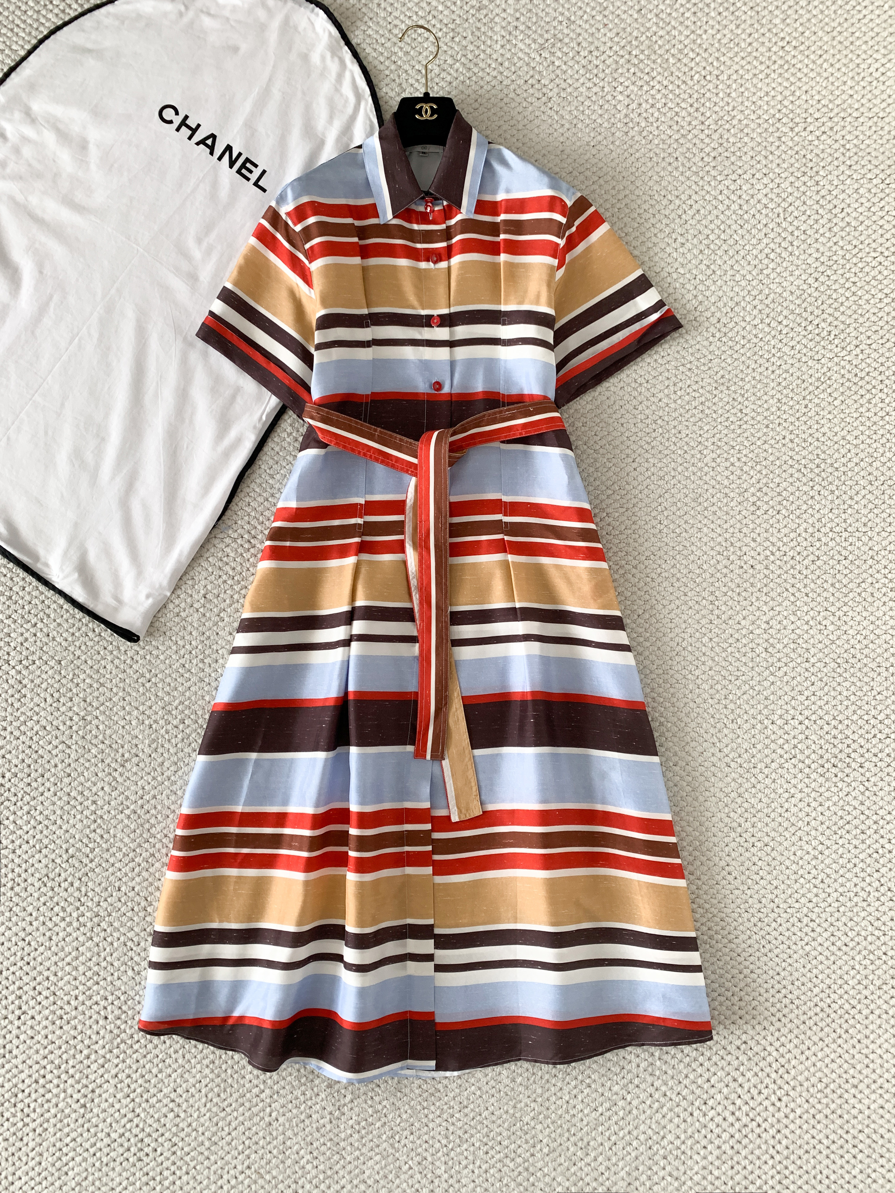 CHANEL Midi Dress Silk Blue Red Brown Beige White #387005