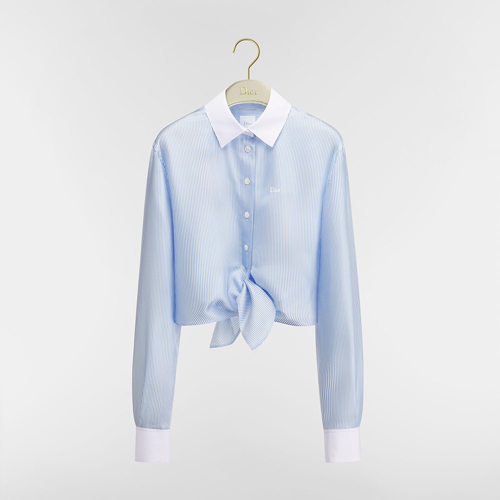 DIOR Dioriviera Tied Cropped Blouse Blue and White D-Stripes Silk Twill #385384