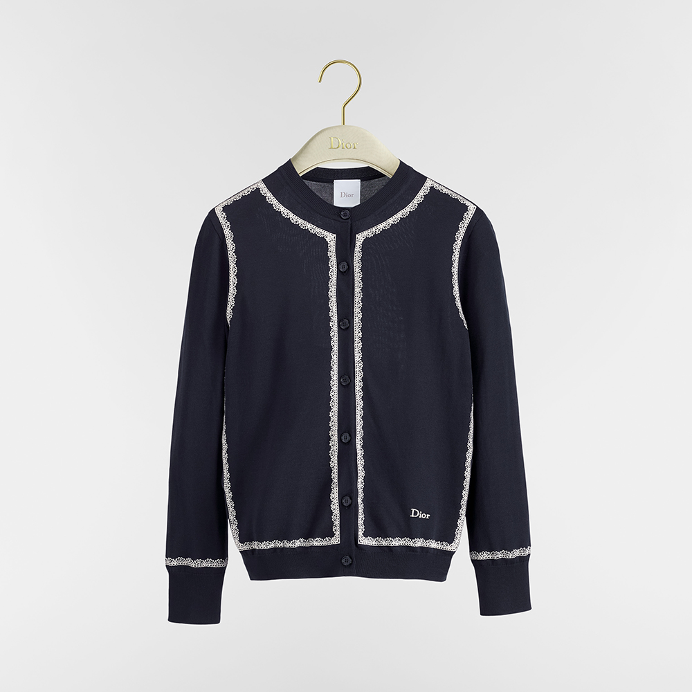 DIOR Cardigan Navy Blue Silk Knit and White Lace #379942