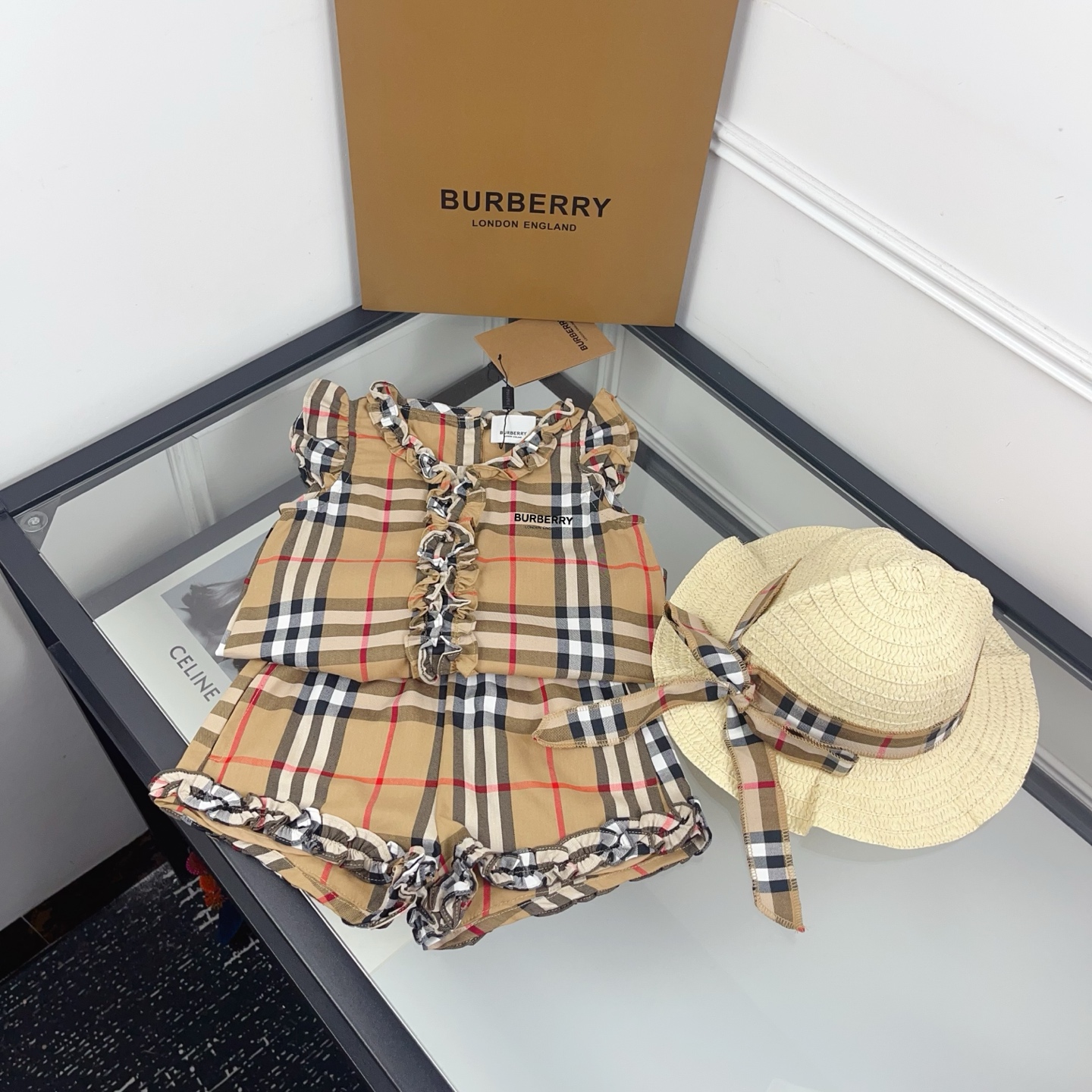 Burberry Girls Vintage Beige Plaid Ruffle Sleeveless Top & Fringe Shorts Three Piece Matching Set With Straw Hat Kids Sizes 100-160