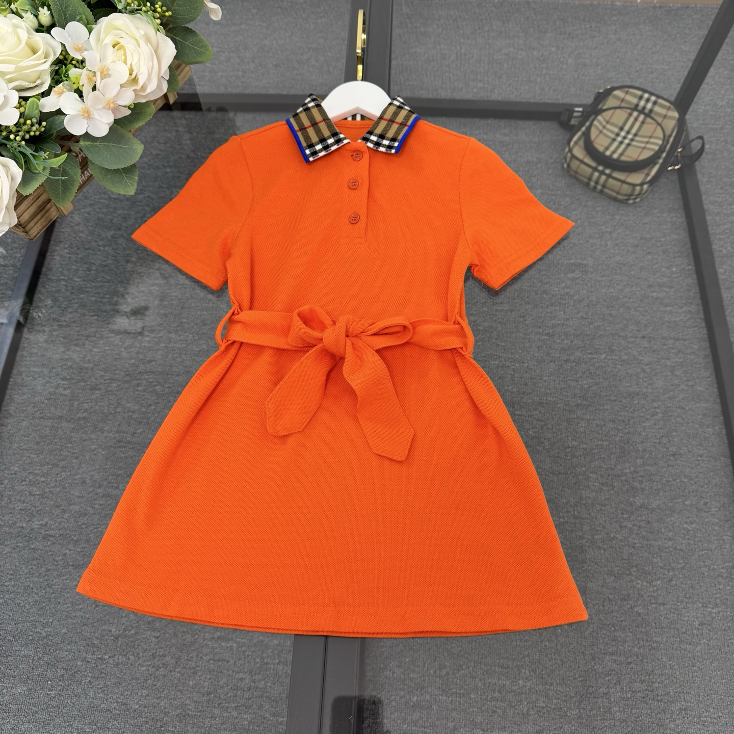Burberry Girls Vintage Check Collar Belted Short Sleeve Polo Dress Kids Sizes 100-150 Orange