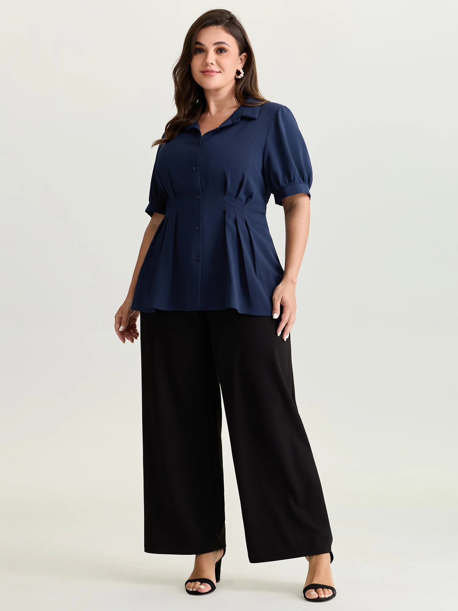 Cinched-Waist Pleated Collar Blouse