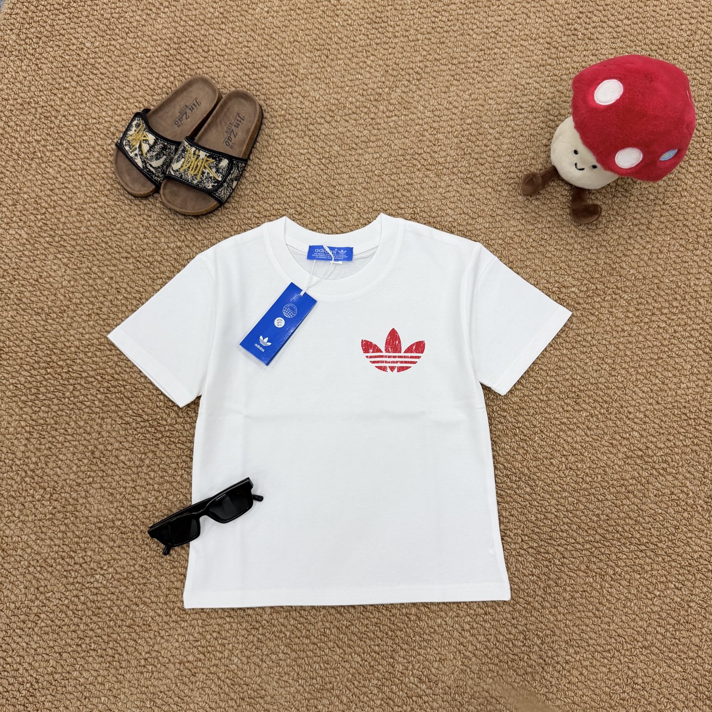 Adidas Originals Unisex Kids Short Sleeve T-Shirt Vintage Distressed Red Trefoil Front Back Print Cotton Tee Full Complete Tags Sizes 90-150 Boys Girls Summer Casual Sports Top