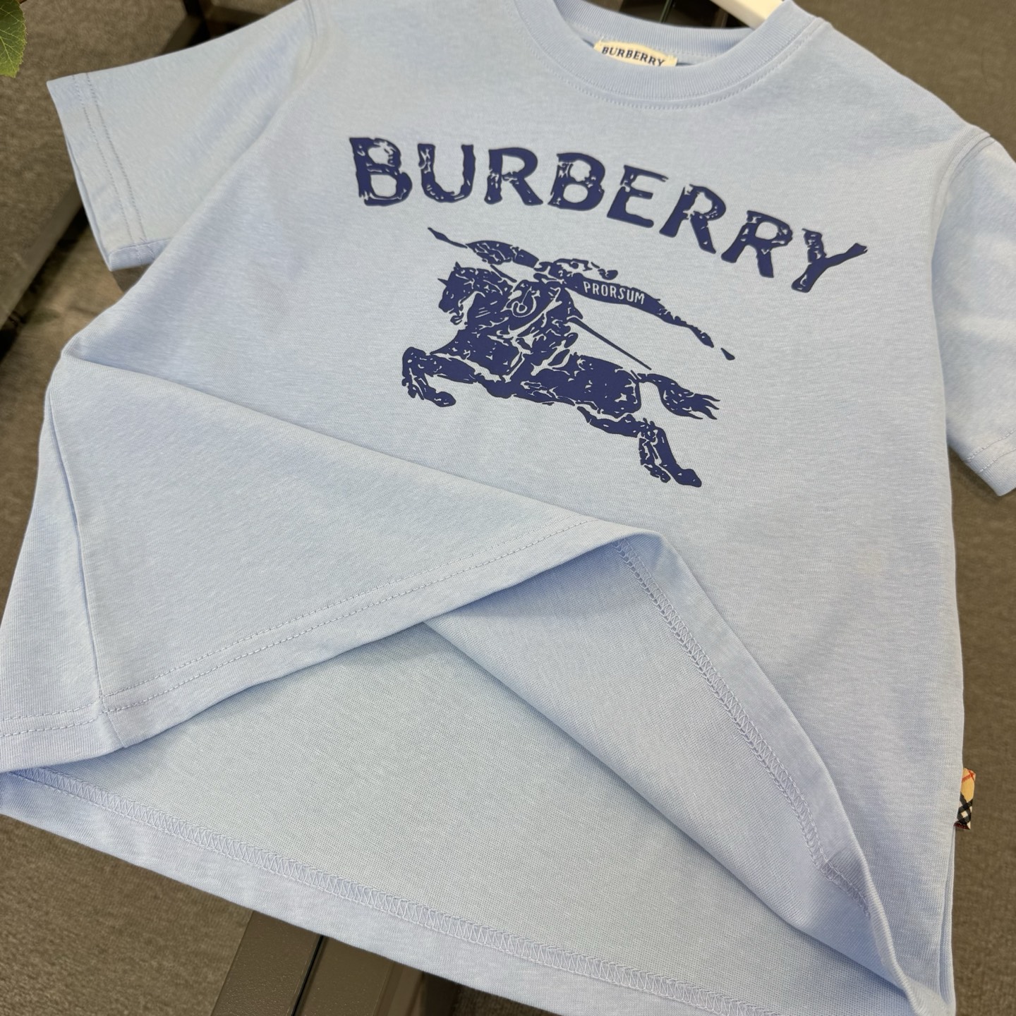 Burberry Unisex Kids Light Blue Knight Logo Short Sleeve T-Shirt & All Over Knight Print Drawstring Shorts Two Piece Set Boys Girls Sizes 100-160