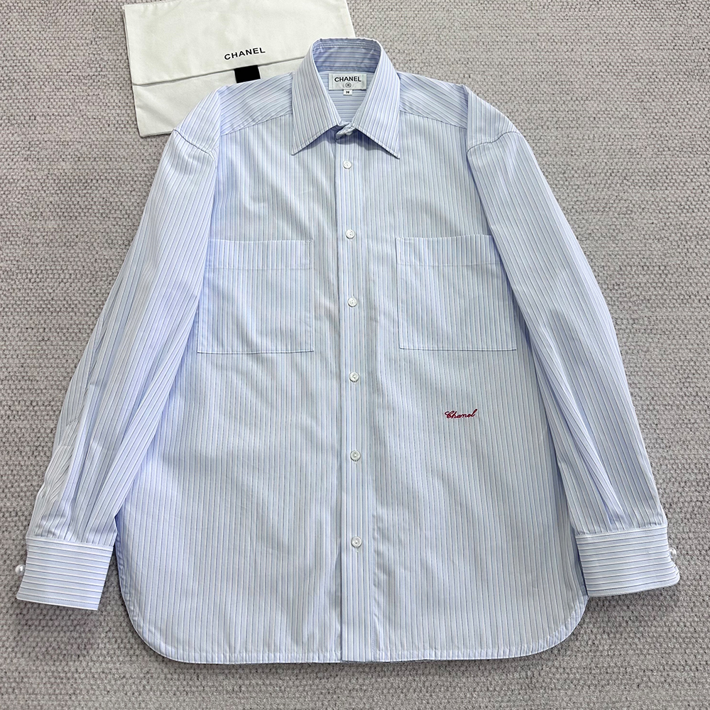 Chanel Top-quality Version CC Striped Long Shirt Cotton #381783