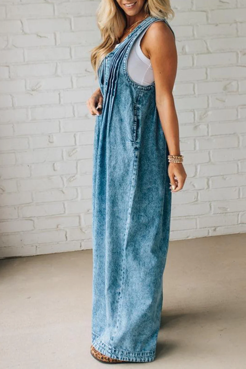 Ladies' Shoulder Strap Hollow Splicing Pleated Casual Jumpsuit