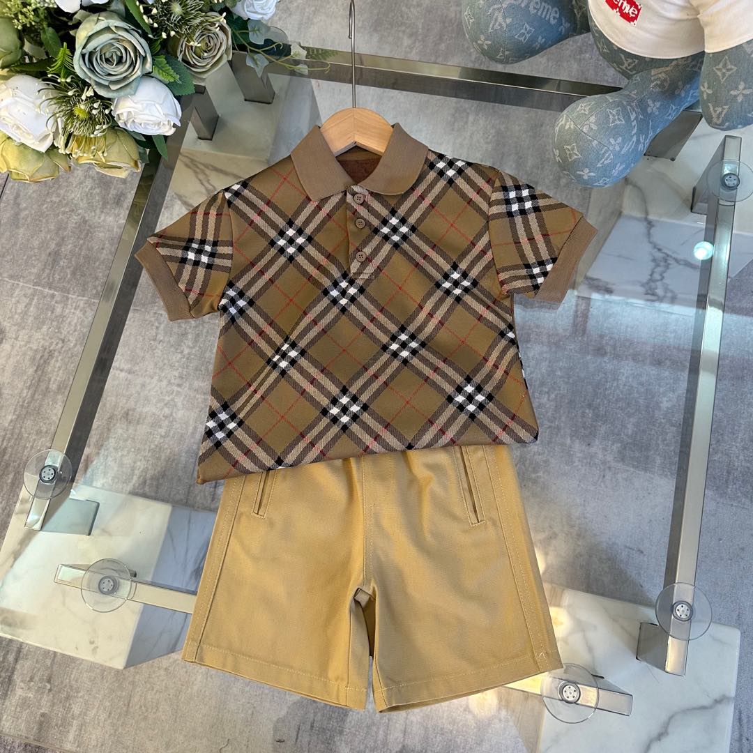 Burberry Boys Vintage Check Polo Short Sleeve & Solid Khaki Elastic Waist Shorts Two Piece Set Kids Sizes 100-150