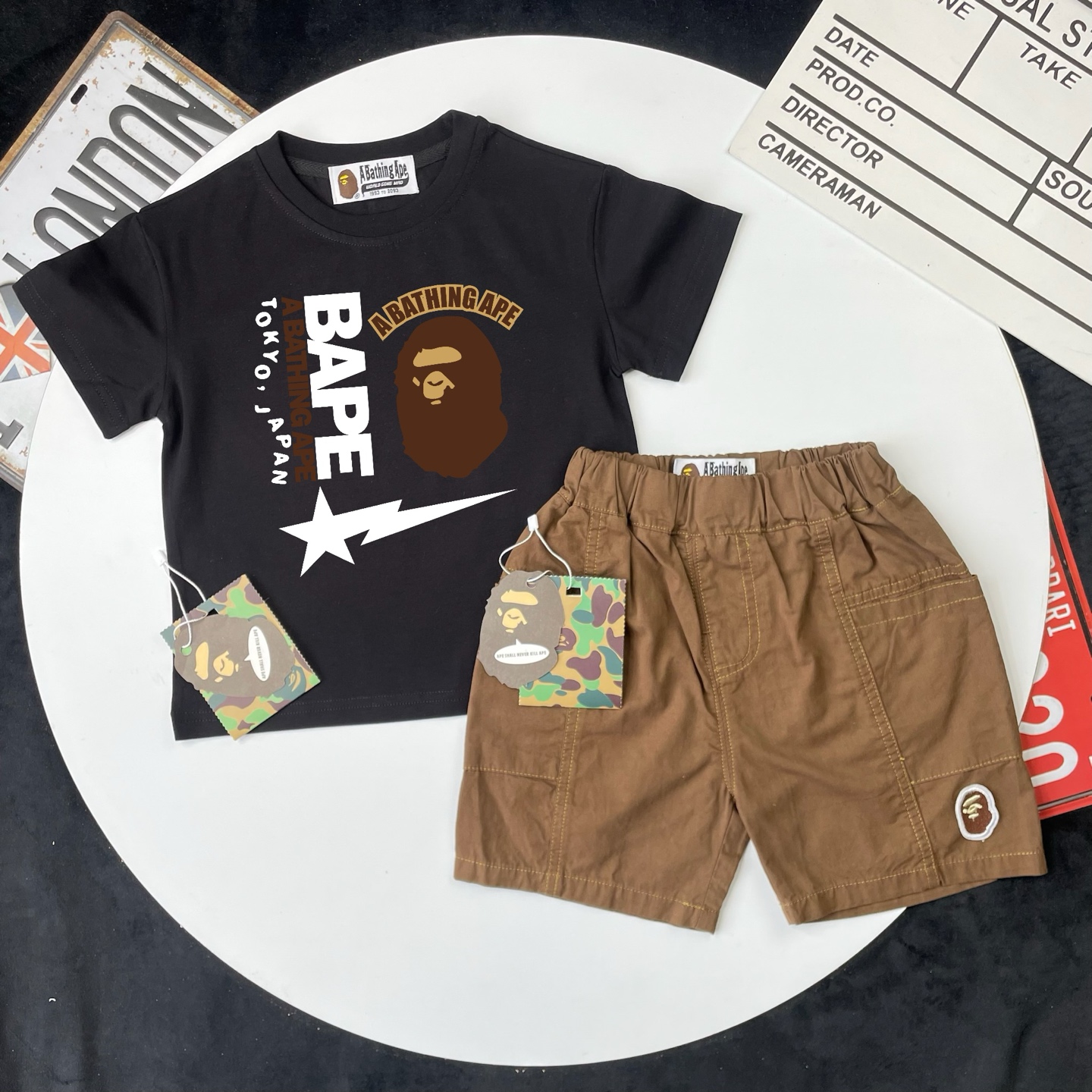 Bape Unisex Kids Black Ape Head Star Print Short Sleeve T-Shirt & Brown Woven Cargo Shorts Set Boys Girls Sizes 90-150