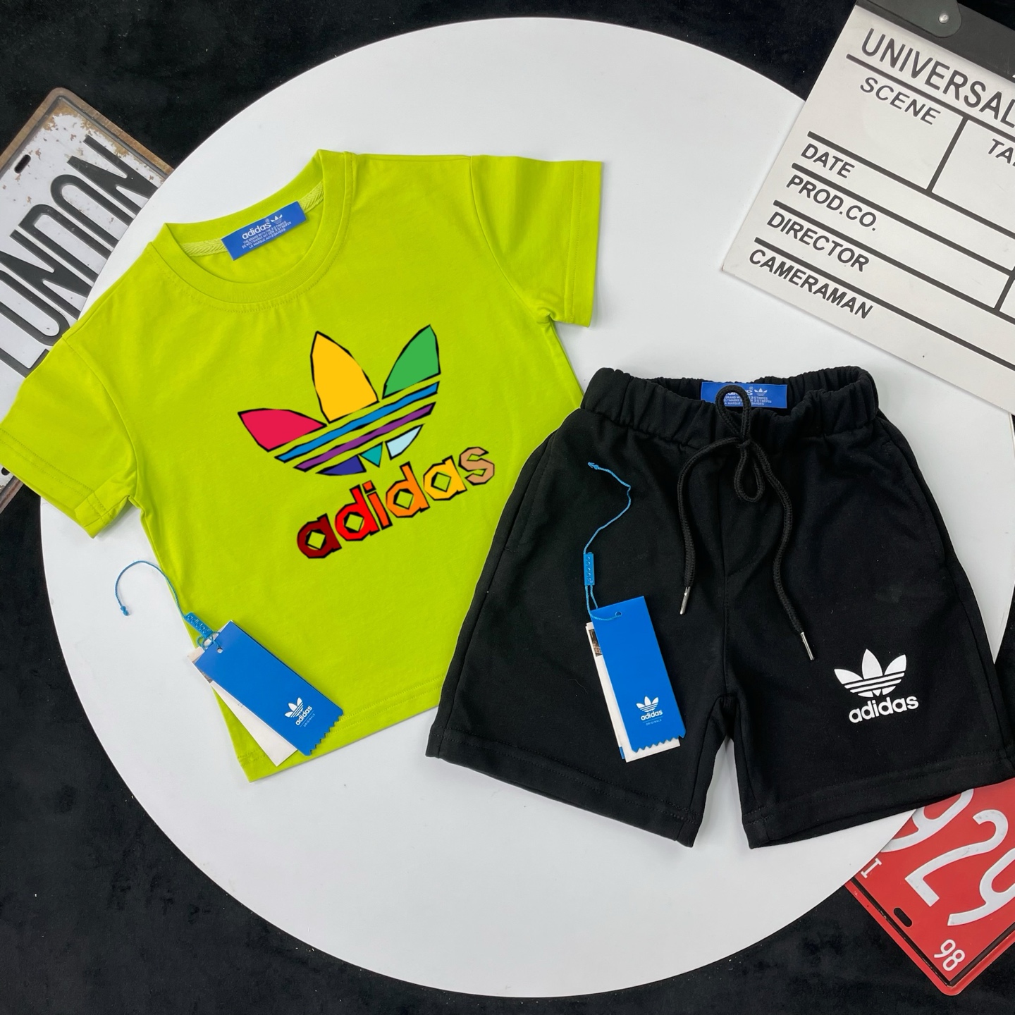Adidas Kids 2Pcs Colorful Trefoil Graphic Tee & French Terry Shorts Matching Set For Boys Girls Full Original Tags Sizes 90-150