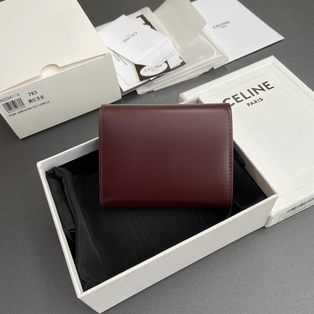 [TOP] CELINE Triomphe Cowhide Leather Short Wallet 10.5×9×3cm - Claret&GHW - 711 Luxury