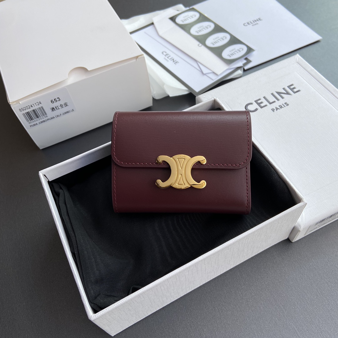 [TOP] CELINE Triomphe Logo Wallet 9.5-7.5-3cm - Claret - 711 Luxury