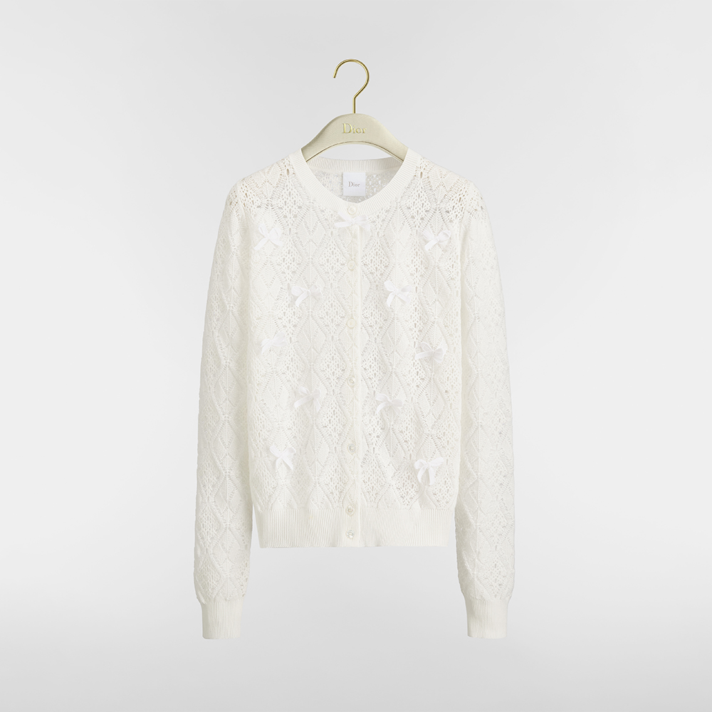 DIOR Dioriviera Embroidered Cardigan Ecru Openwork Cotton Knit #384363
