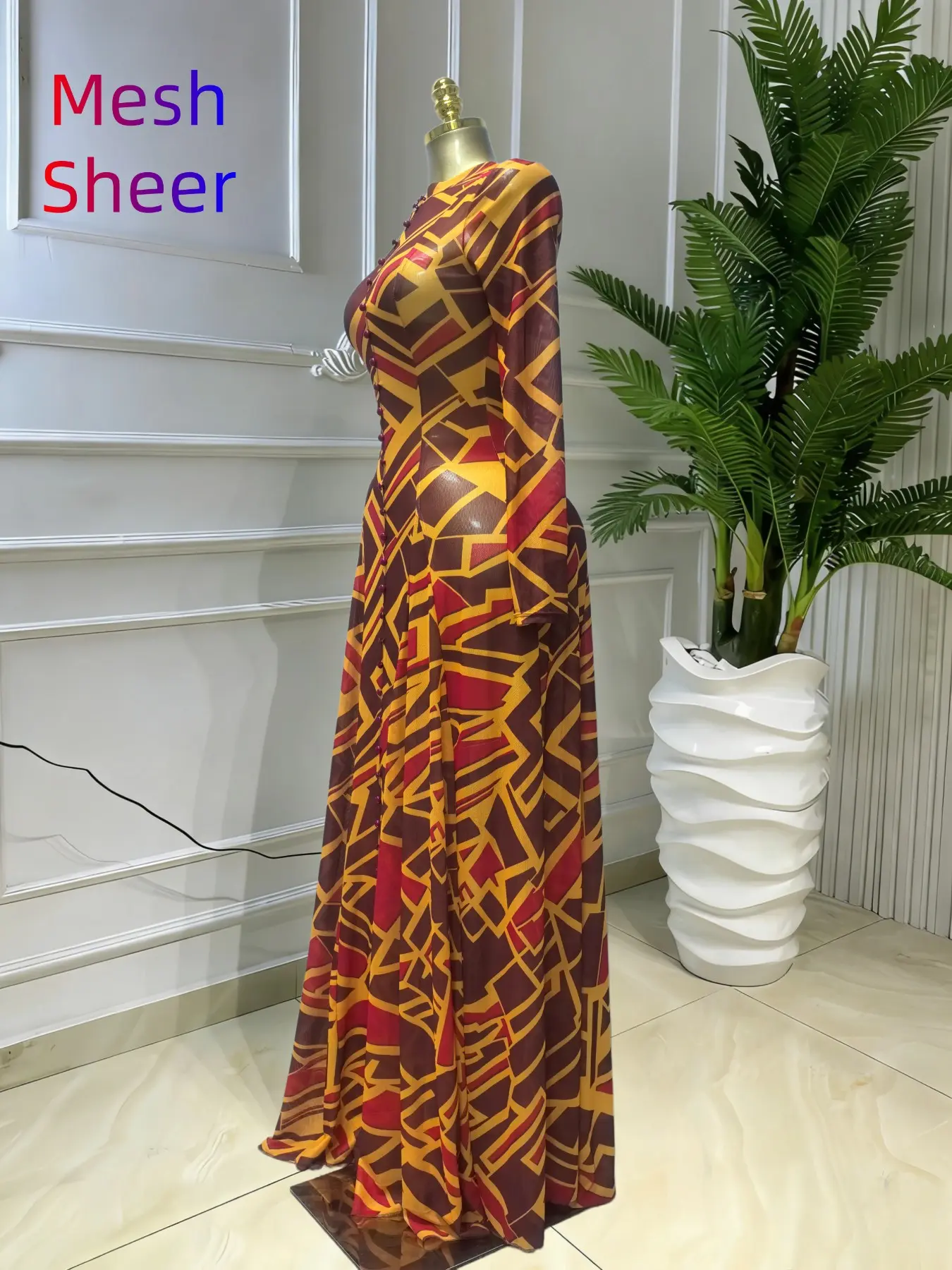 Women's O-Neck Long Sleeve Woven Maxi Dress, Tie-Dye Print, Romantic Valentine's Day Party Outfit Gown, Sexy Mesh Sheer Dress, Spring Sexy Club Street Evening Wear Lady Skirts