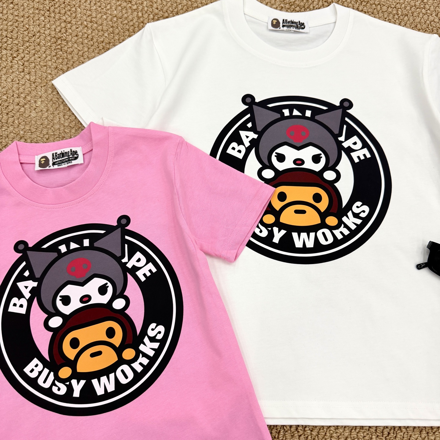 Bape Unisex Kids Pink White Kuromi Baby Milo Busy Works Circle Graphic Short Sleeve T-Shirt Boys Girls Sizes 90-150