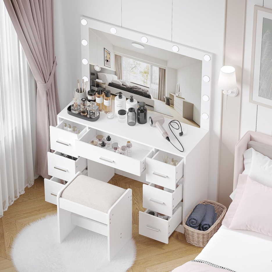 Vanity Desk with Stool, Makeup Table with Lighted Mirror, 3 Color Lighting Modes, Brightness Adjustable, Dressing Table