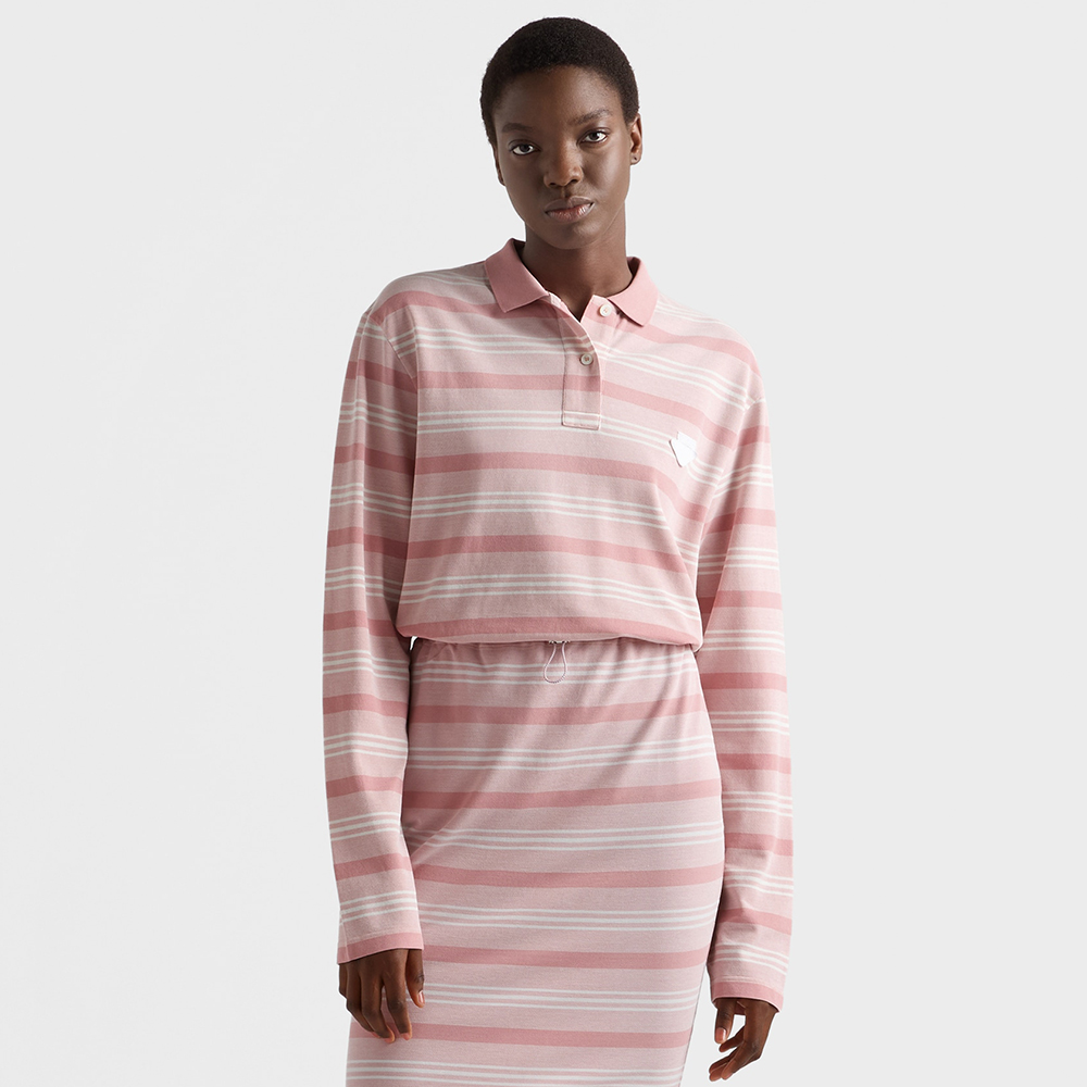 PRADA Alabaster Pink Long-sleeved Striped Piqué Polo Shirt #388055