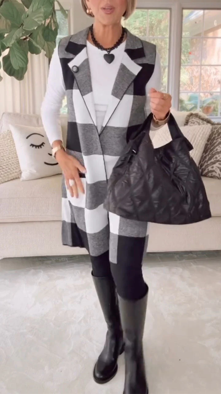 Women Collar Plaid Temperament Casual Long Vest