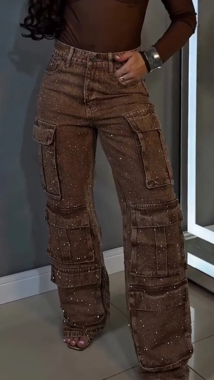 Women Hot Stamping Diamond Splicing Multiple Pockets Temperament Casual Cargo Pants